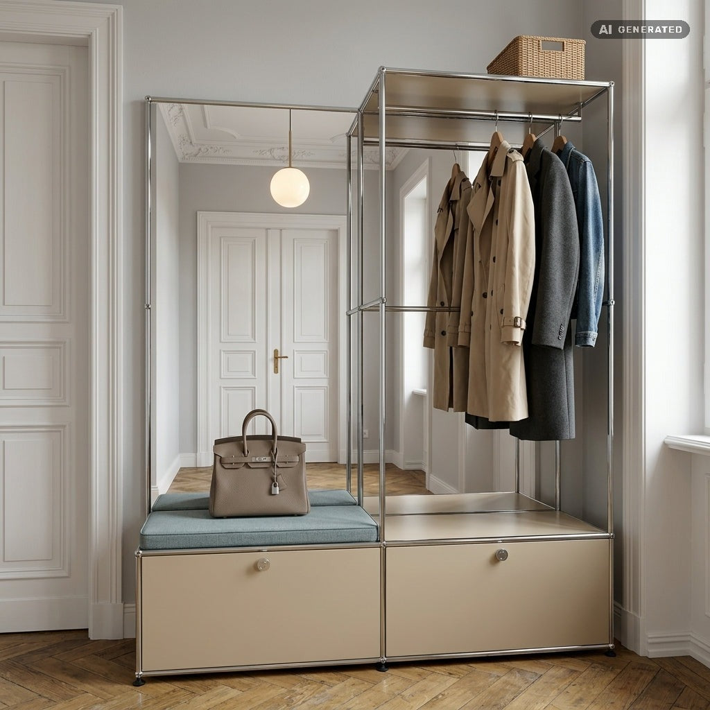 Garderobe mit Spiegel-Tablar als durchgehende Spiegelrückwand über zwei Ebenen, kompatibel mit USM Haller