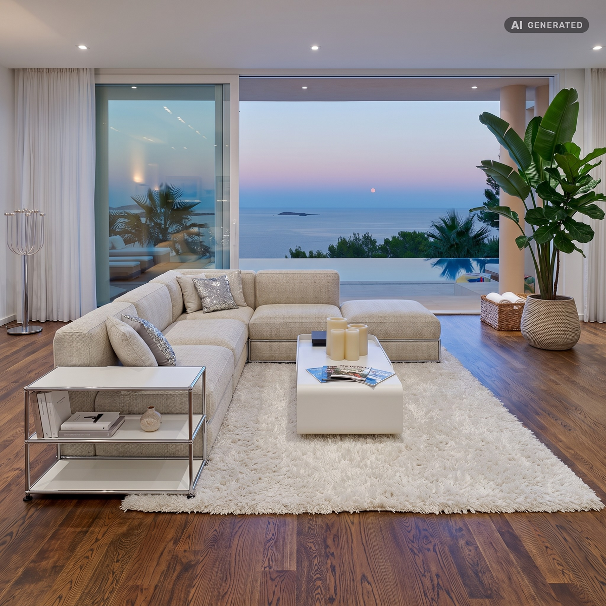 Origin Sofa von HAUS Lab in hellem Stoff als Eck-Kombination in einem modernen Wohnzimmer mit Meerblick (Szenenbild)