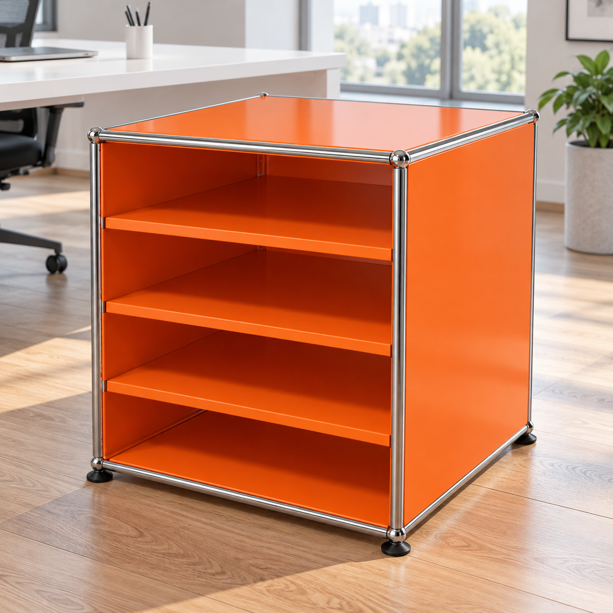 Möbel in Orange mit mehreren Zwischentablaren auf unterschiedlicher Höhe