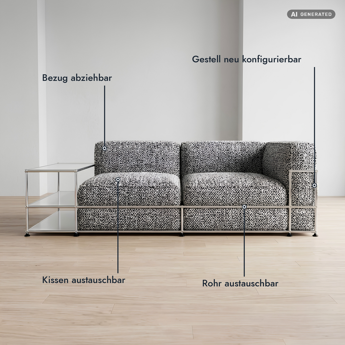 Origin Sofa von HAUS Lab mit beschrifteten Komponenten: Bezug abziehbar, Gestell neu konfigurierbar, Kissen austauschbar