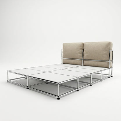 Origin Bett 150 × 200 cm von HAUS Lab mit Kopfteil in beigem Stoff und durchgehender Liegefläche, ohne Matratze