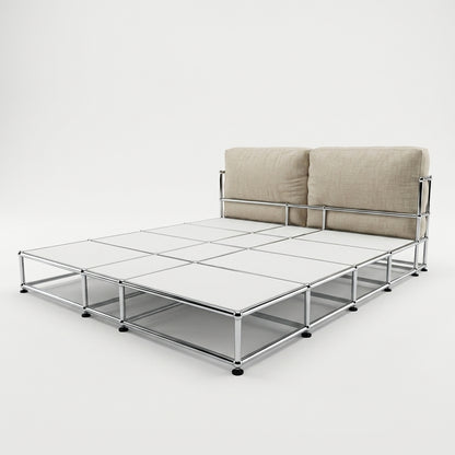 Origin Bett 185 × 200 cm von HAUS Lab mit Kopfteil in beigem Stoff und durchgehender Liegefläche, ohne Matratze