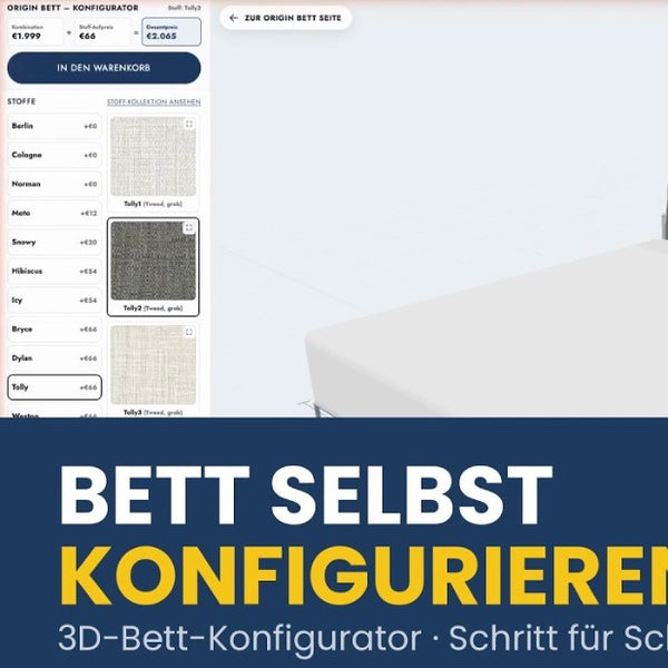 Origin Bett im 3D-Konfigurator: Liegefläche, Sockelhöhe und Stoff wählen, Matratze zur Ansicht