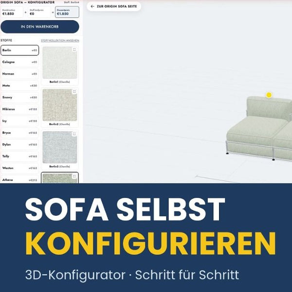 Origin Sofa im 3D-Konfigurator: Module anbauen, Stoff wählen, Sitztiefe ändern